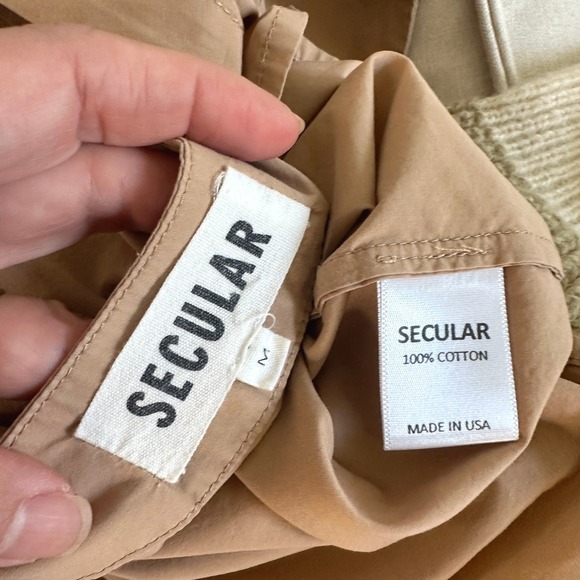 SECULAR Oversized Cotton Tan V Neck Short Sleeve Button Down Shirt Minimalist M - Picture 5 of 7